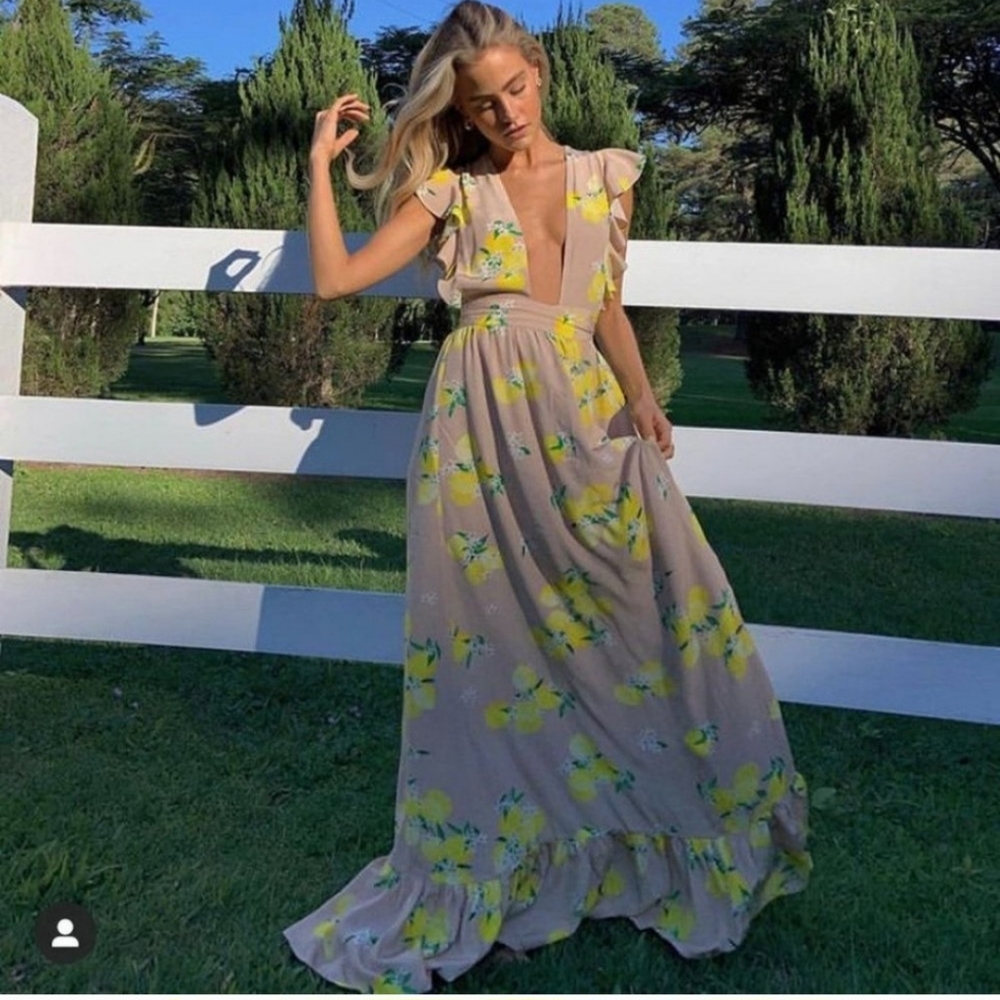 Majorelle × Revolve Sweet Pea Wrap Maxi Dress Tan  Lemon Feminine Botanical XS